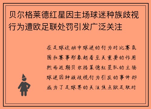 贝尔格莱德红星因主场球迷种族歧视行为遭欧足联处罚引发广泛关注